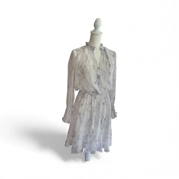 WHBM Lavender & White Snake Print Long Sleeve Blouson Dress Ruffle Neckline Sz 6 - Picture 4 of 12